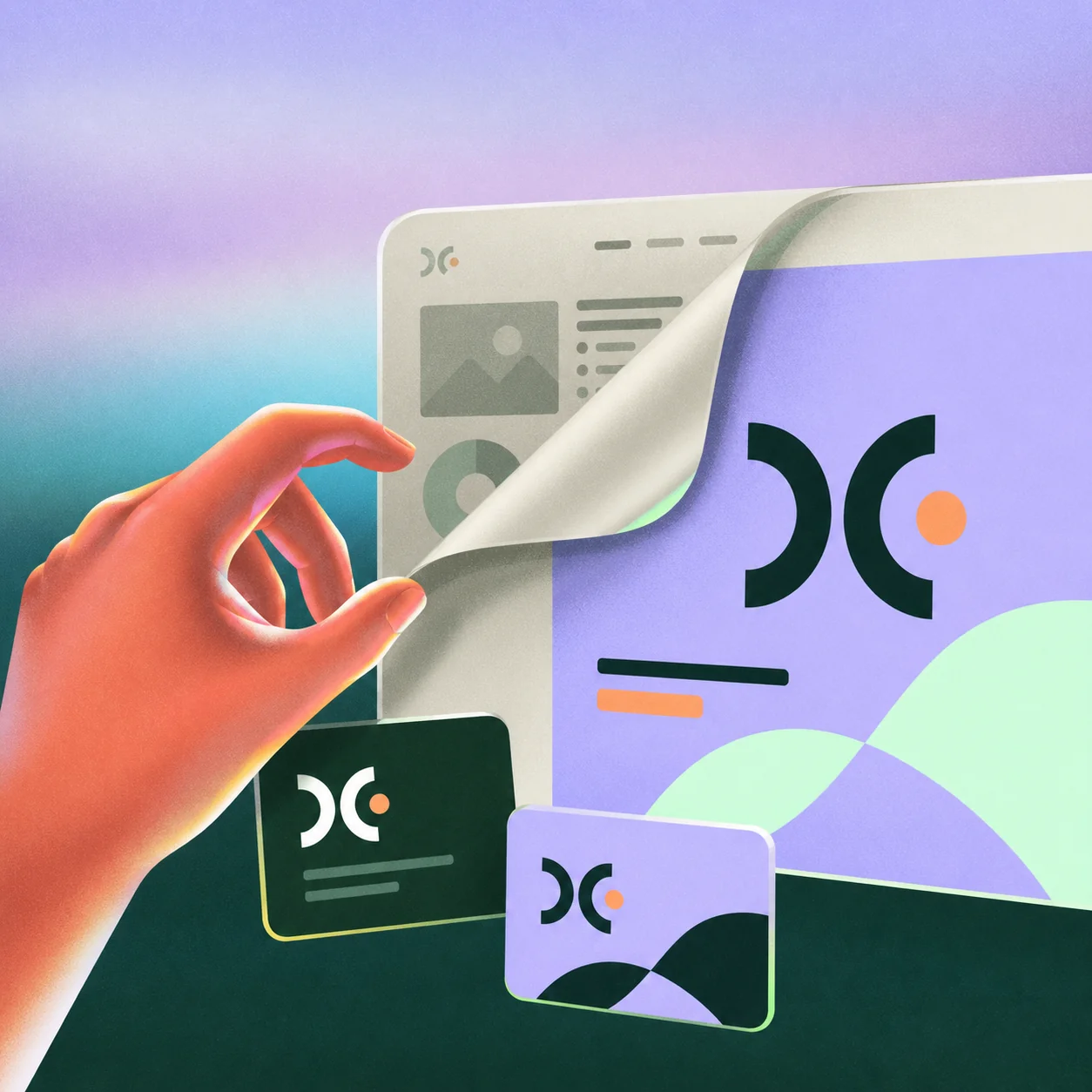 A hand revealing a fresh identity beneath an older website.