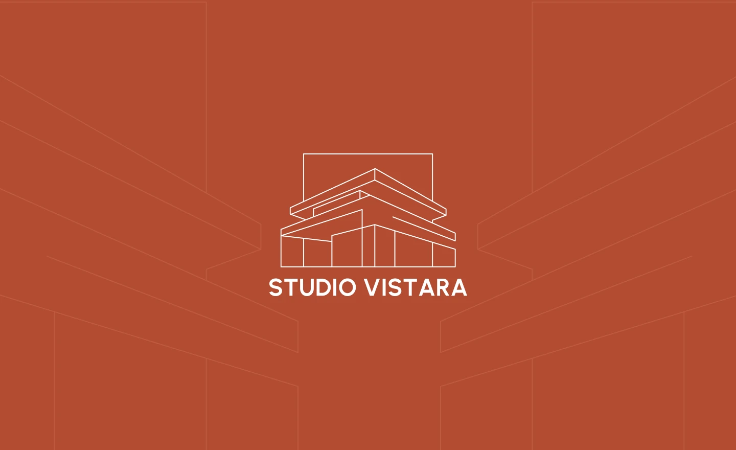 Studio Vistara architectural line symbol and white wordmark against an earthy terracotta background.